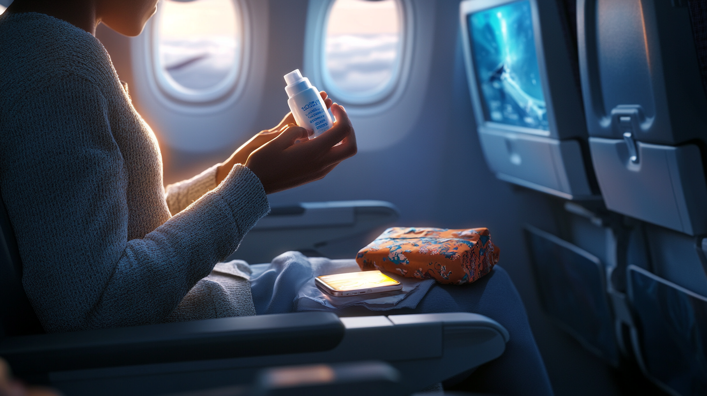A person is sitting in an airplane seat, holding a small bottle, possibly of medication or lotion. The person is wearing a sweater, and there is a colorful pouch and a smartphone on their lap. The airplane window shows a view of clouds, and the seatback screen in front displays an image. The scene is illuminated by soft, natural light.