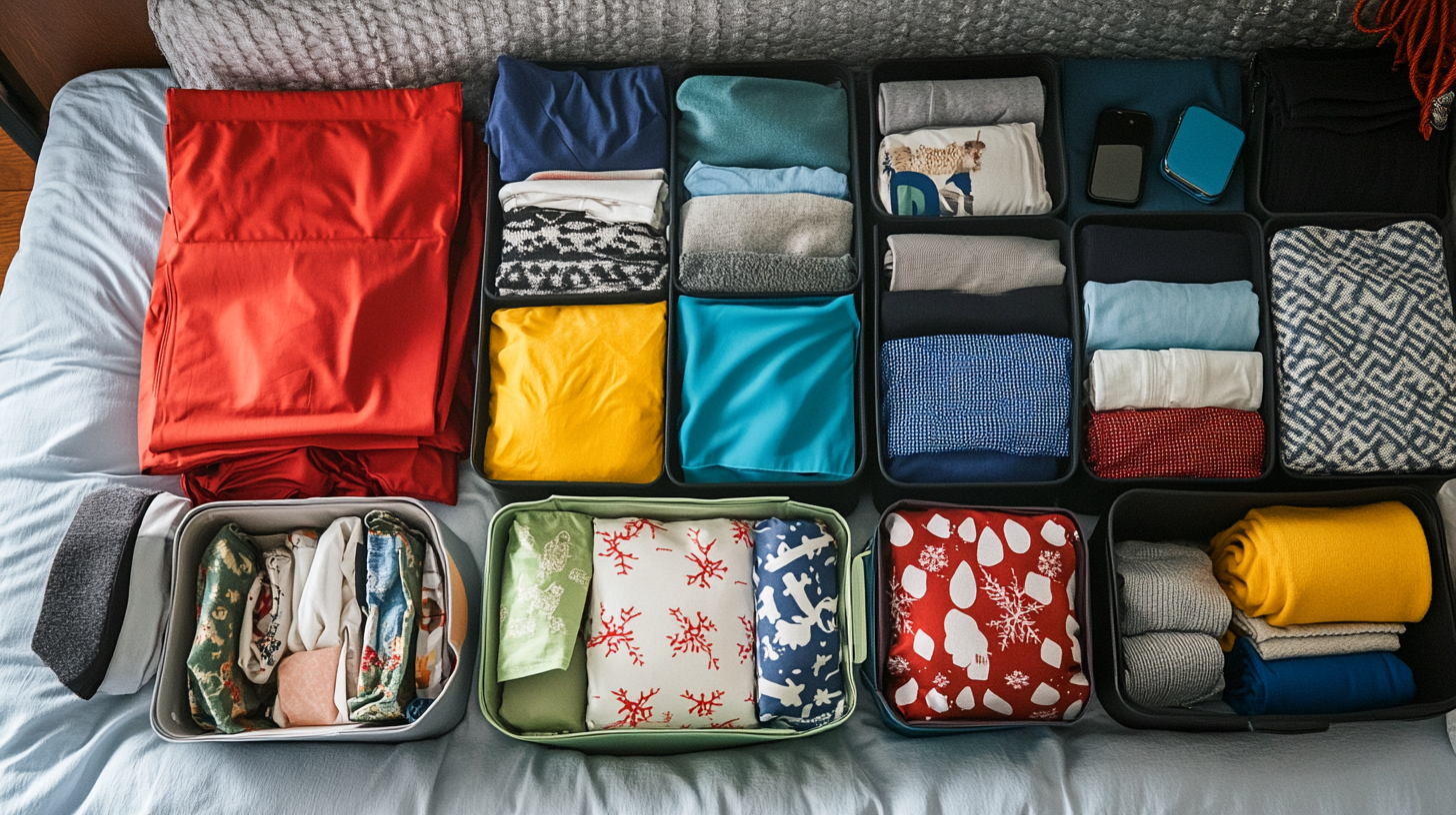 The image shows a neatly organized collection of clothes and items on a bed. There are several storage bins containing folded clothes of various colors and patterns, including red, blue, yellow, and patterned fabrics. Some bins also contain small electronic devices. The clothes are arranged in a tidy and compact manner.