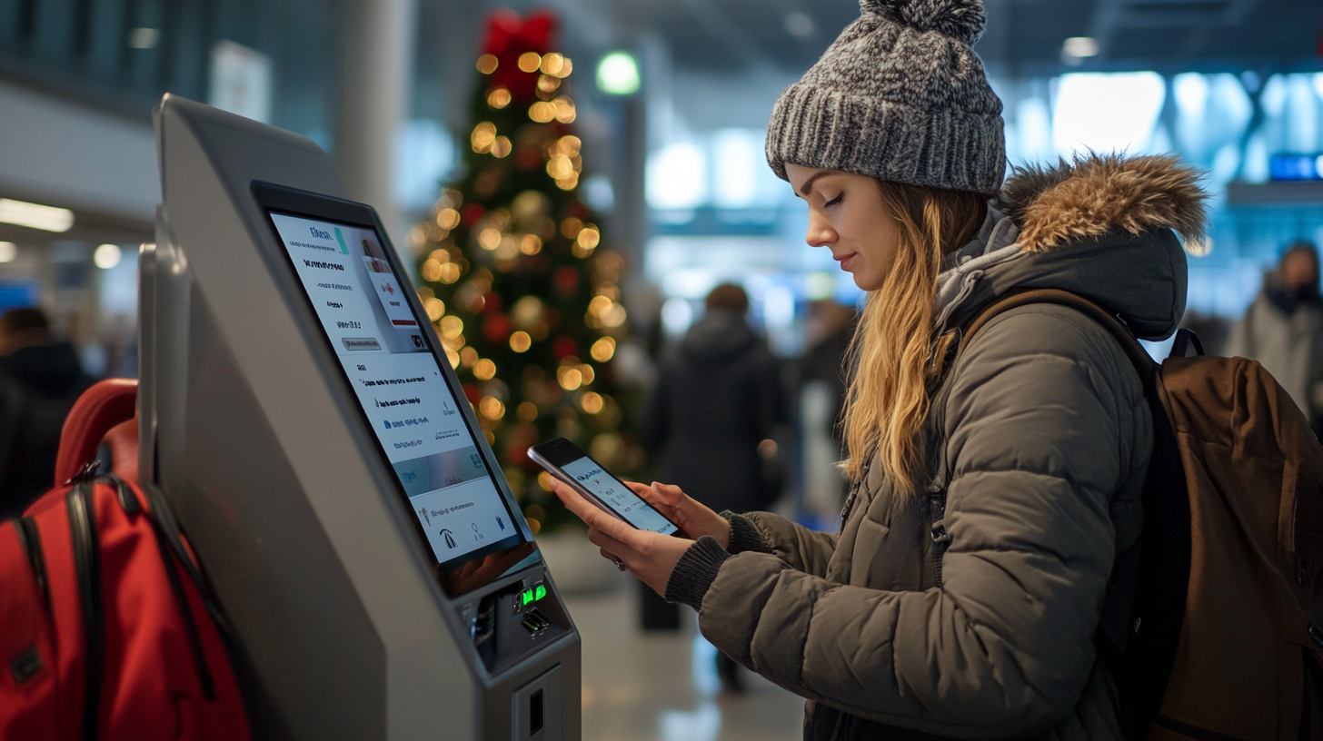 A woman in a winter coat and knitted hat is using a touchscreen kiosk at an airport. She is holding a smartphone and appears to be interacting with the kiosk. In the background, there is a decorated Christmas tree with lights, and several people are visible, suggesting a busy airport environment. A red backpack is placed next to the kiosk.