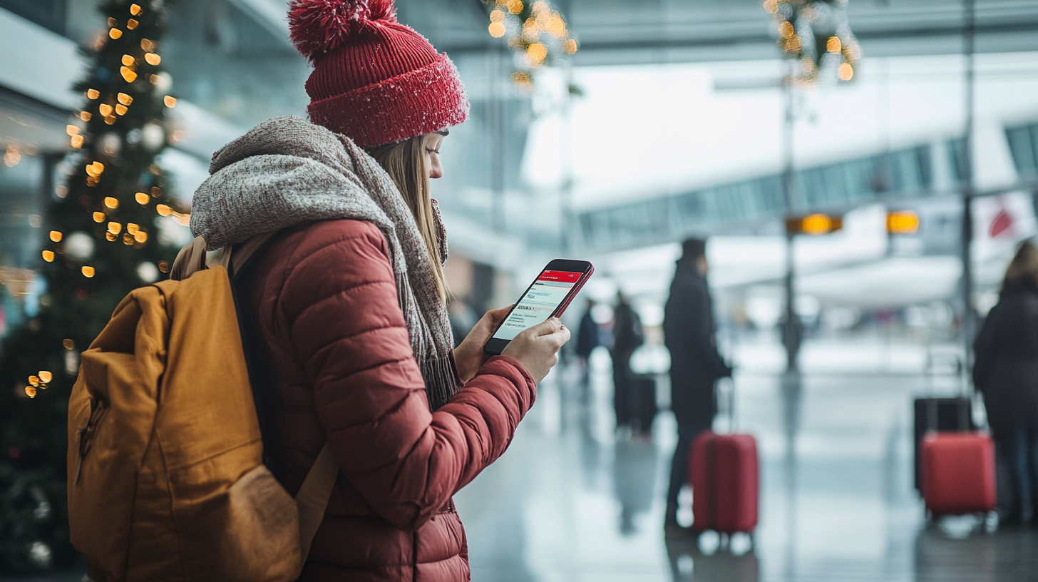 A person wearing a red winter hat and coat, with a scarf and a yellow backpack, is standing in an airport terminal. They are looking at a smartphone. In the background, there are blurred figures with suitcases and a decorated Christmas tree with lights. Airplanes are visible through the large windows.