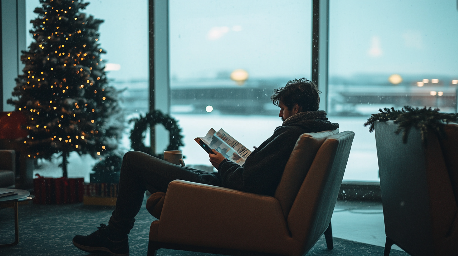 A person is sitting in a cozy chair by a large window, reading a magazine. There is a decorated Christmas tree with lights and wrapped gifts nearby. Outside, it appears to be snowing, creating a wintry atmosphere. A cup is placed on a table next to the person.