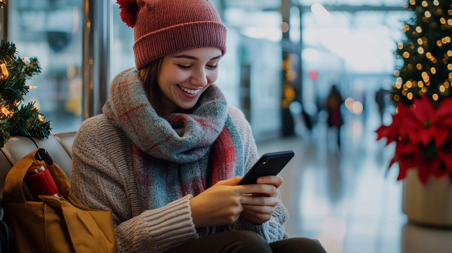 A woman is sitting indoors, smiling while looking at her smartphone. She is wearing a red knit hat, a cozy gray sweater, and a plaid scarf. Next to her is a yellow bag with a rolled-up item inside. The background is decorated with Christmas lights and a poinsettia plant, suggesting a festive atmosphere.