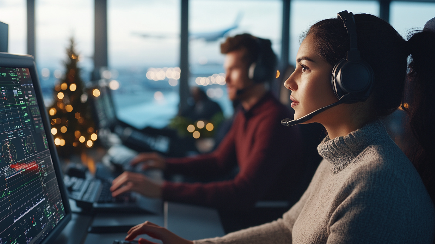 A woman wearing a headset is focused on a computer screen displaying complex data, likely in an air traffic control room. In the background, a man is also working at a computer. A decorated Christmas tree and an airplane taking off can be seen through large windows, suggesting a festive atmosphere at an airport.
