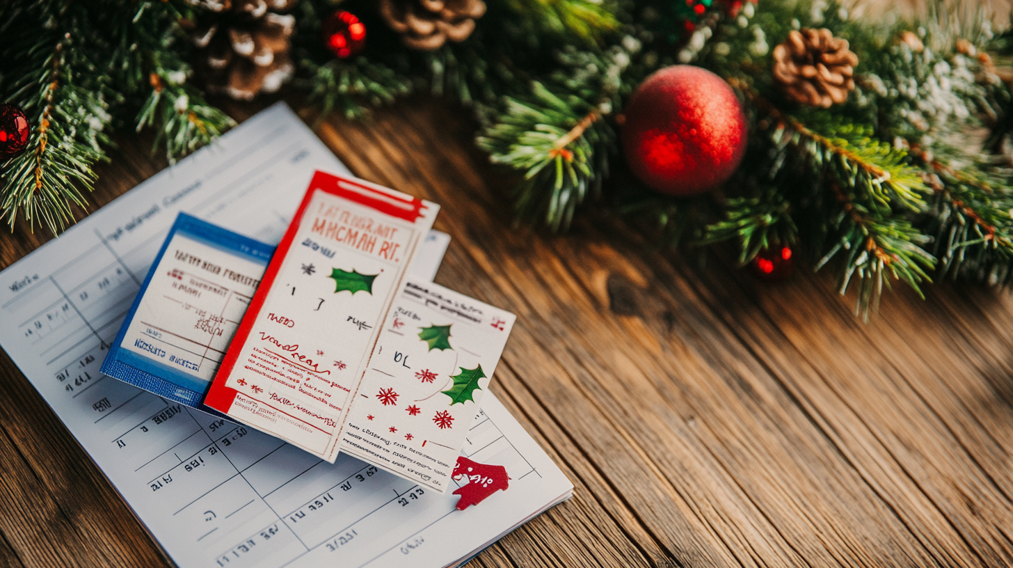 The image shows a wooden table with a few holiday-themed cards or tickets placed on top of a calendar. The cards have festive designs, including holly leaves and snowflakes. In the background, there is a Christmas decoration with pine branches, pinecones, and red ornaments.