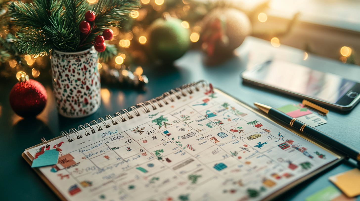 The image shows a festive scene with a decorated planner or calendar open on a table. The planner is filled with colorful drawings and notes, likely related to holiday activities. Next to it is a pen, a smartphone, and a small card. In the background, there is a Christmas tree with lights, a red ornament, and a mug holding evergreen branches and red berries, creating a cozy holiday atmosphere.