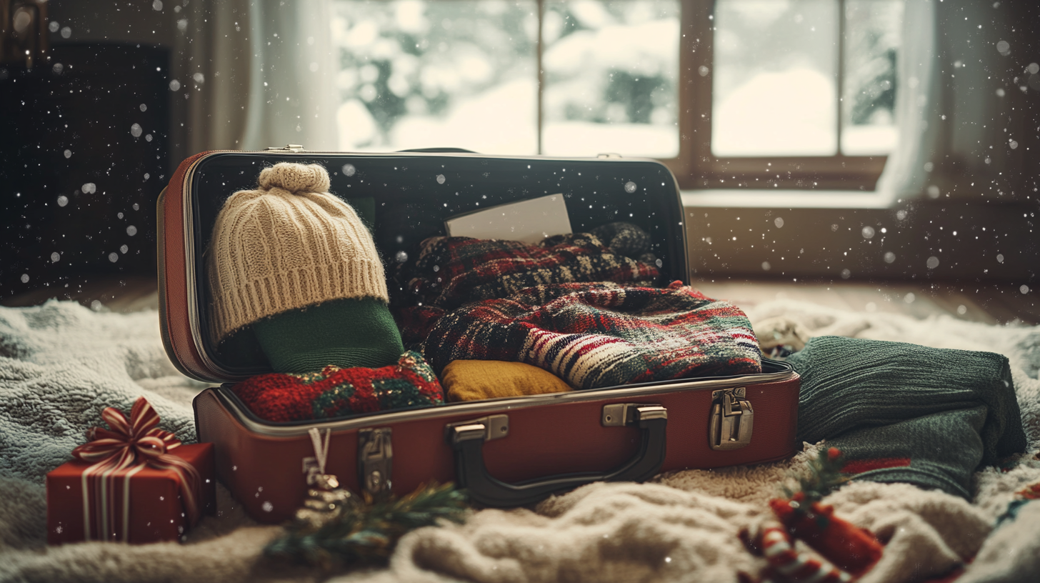 The image shows an open suitcase on a cozy blanket, filled with winter clothing such as a knit hat, sweaters, and scarves. Snowflakes are gently falling, and a wrapped gift with a ribbon is placed nearby. A window in the background reveals a snowy scene outside.