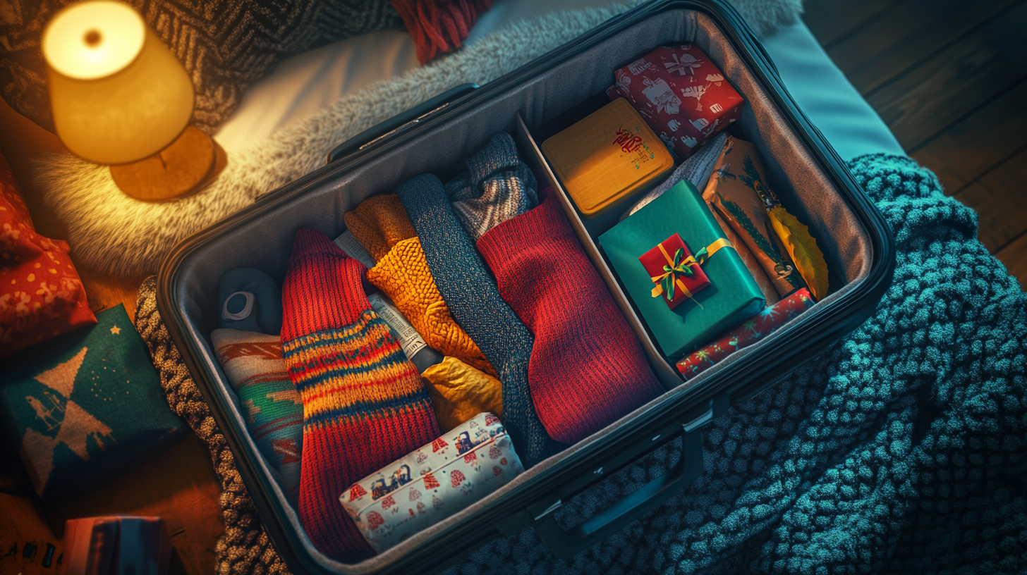 The image shows an open suitcase on a bed, filled with neatly packed winter clothing, including sweaters and socks. There are also several wrapped gifts in festive paper. A warm, cozy atmosphere is created by a nearby lamp casting a soft glow, and a knitted blanket is partially visible.