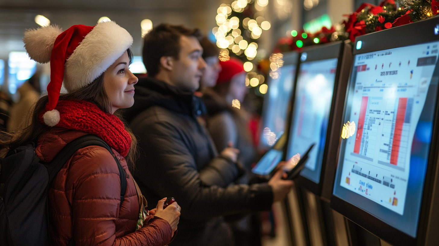 A woman wearing a Santa hat and red scarf is using a touchscreen kiosk, possibly at a ticketing or information station. She is smiling and holding a phone. Other people are also using the kiosks, and there are festive decorations and lights in the background, suggesting a holiday setting.