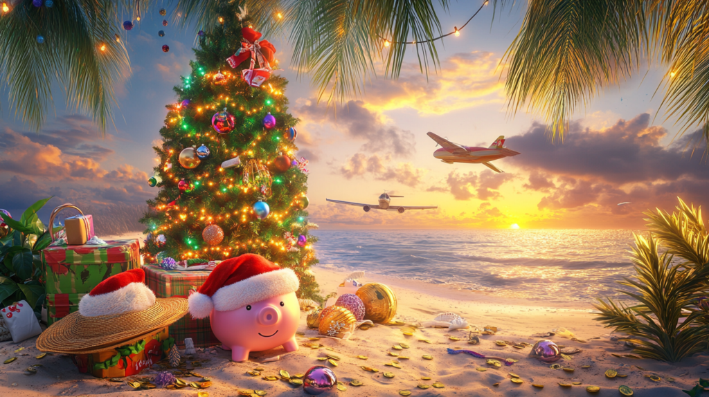 A tropical beach scene at sunset with a decorated Christmas tree adorned with colorful lights and ornaments. Nearby, there are wrapped gifts, a pink piggy bank wearing a Santa hat, and a straw hat. The sand is scattered with seashells and ornaments. Two airplanes are flying over the ocean, and palm trees frame the scene, creating a festive holiday atmosphere in a warm, coastal setting.