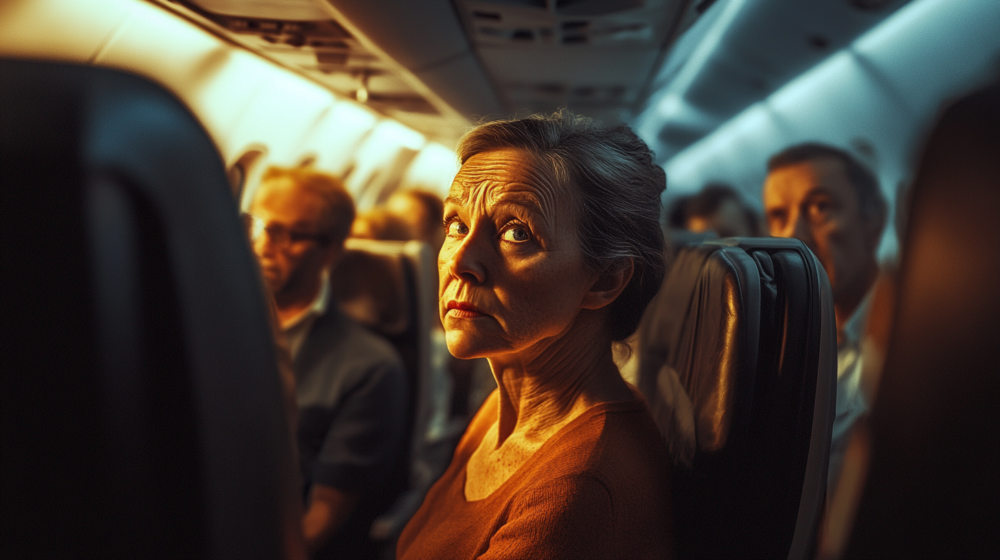 a woman looking up in an airplane