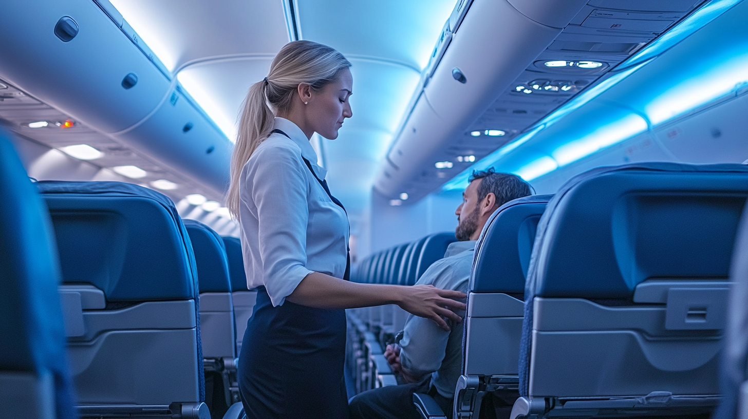 a woman standing next to a man on an airplane