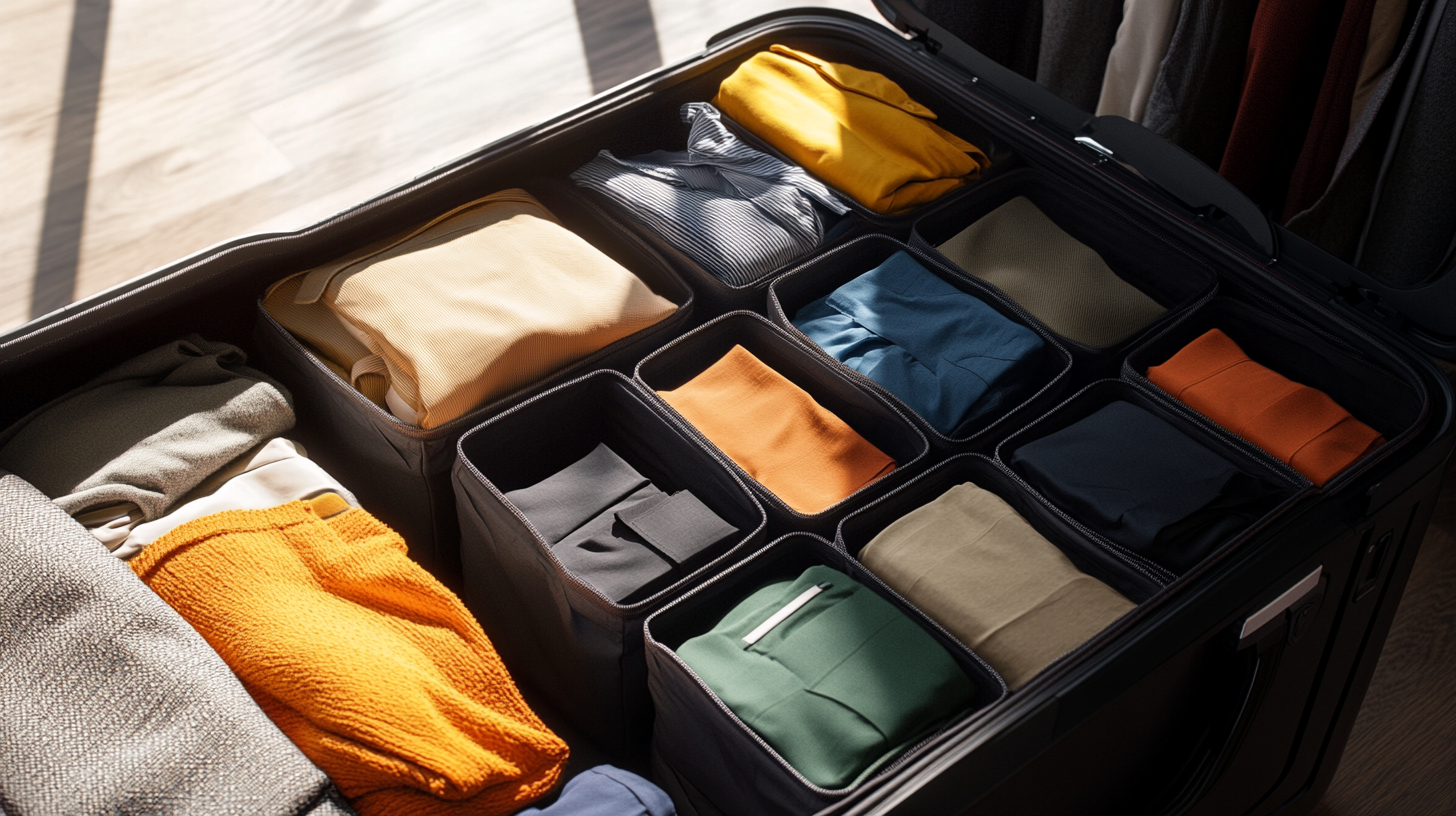 The image shows an open suitcase with neatly organized clothing. The clothes are folded and placed in individual compartments, with a variety of colors including yellow, orange, blue, green, and beige. The suitcase is on a wooden floor, and the sunlight casts shadows across the scene.