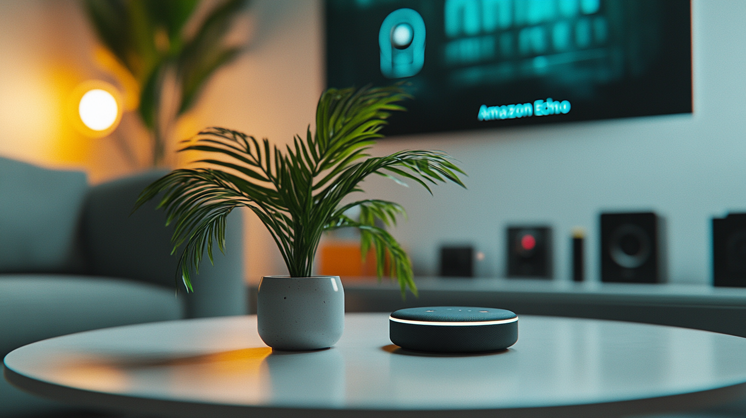 A modern living room setting with a small potted plant and a smart speaker on a round white table. In the background, there is a blurred view of a couch, a warm light, and a television screen displaying the text "Amazon Echo." The ambiance is cozy and contemporary.