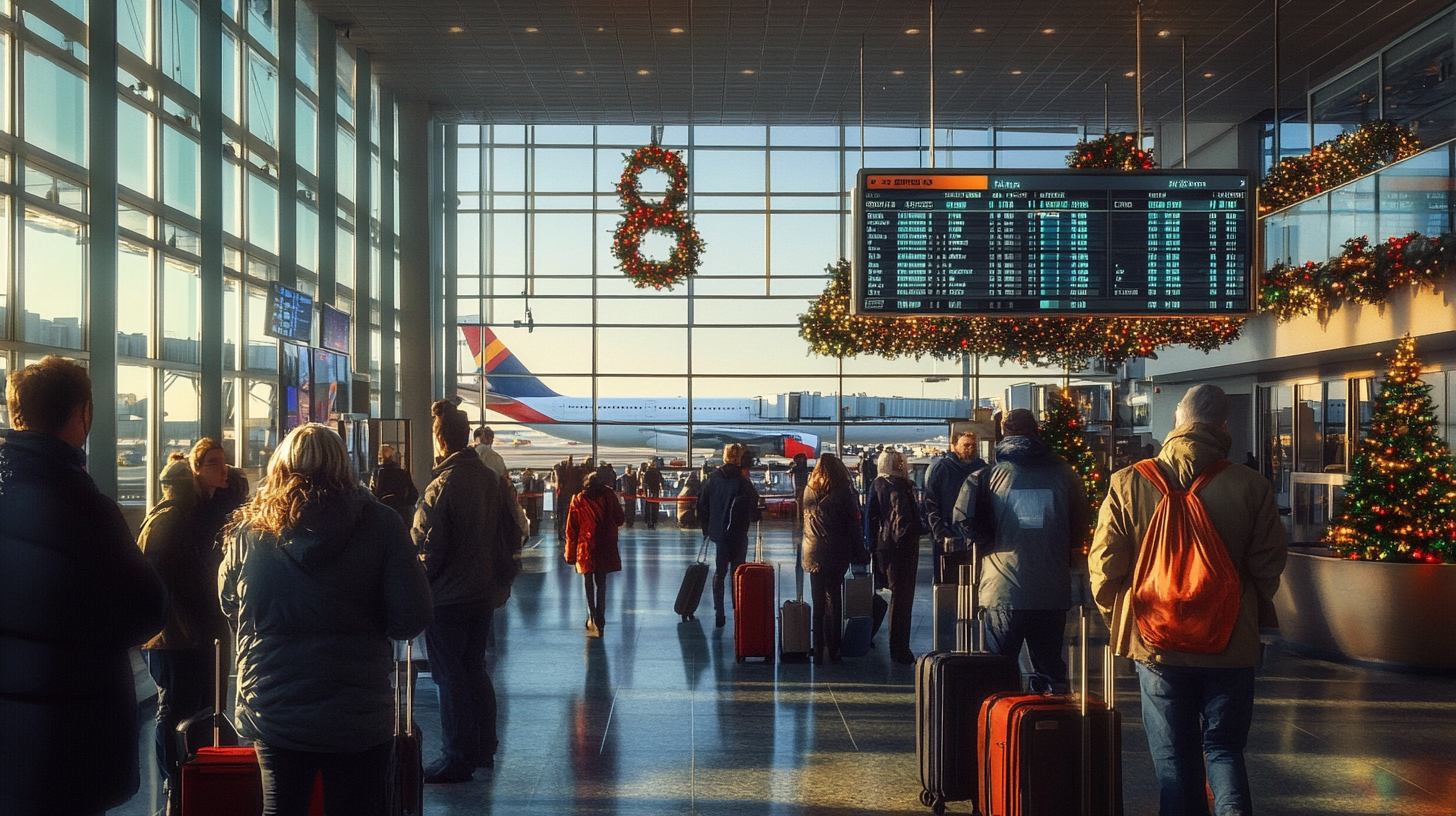 The image shows a busy airport terminal decorated for the holiday season. Travelers with luggage are walking and standing around, looking at a large digital flight information board. The terminal is adorned with Christmas wreaths and garlands, and a decorated Christmas tree is visible. Outside, through the large windows, an airplane is parked on the tarmac. The scene is bright with natural light streaming in.