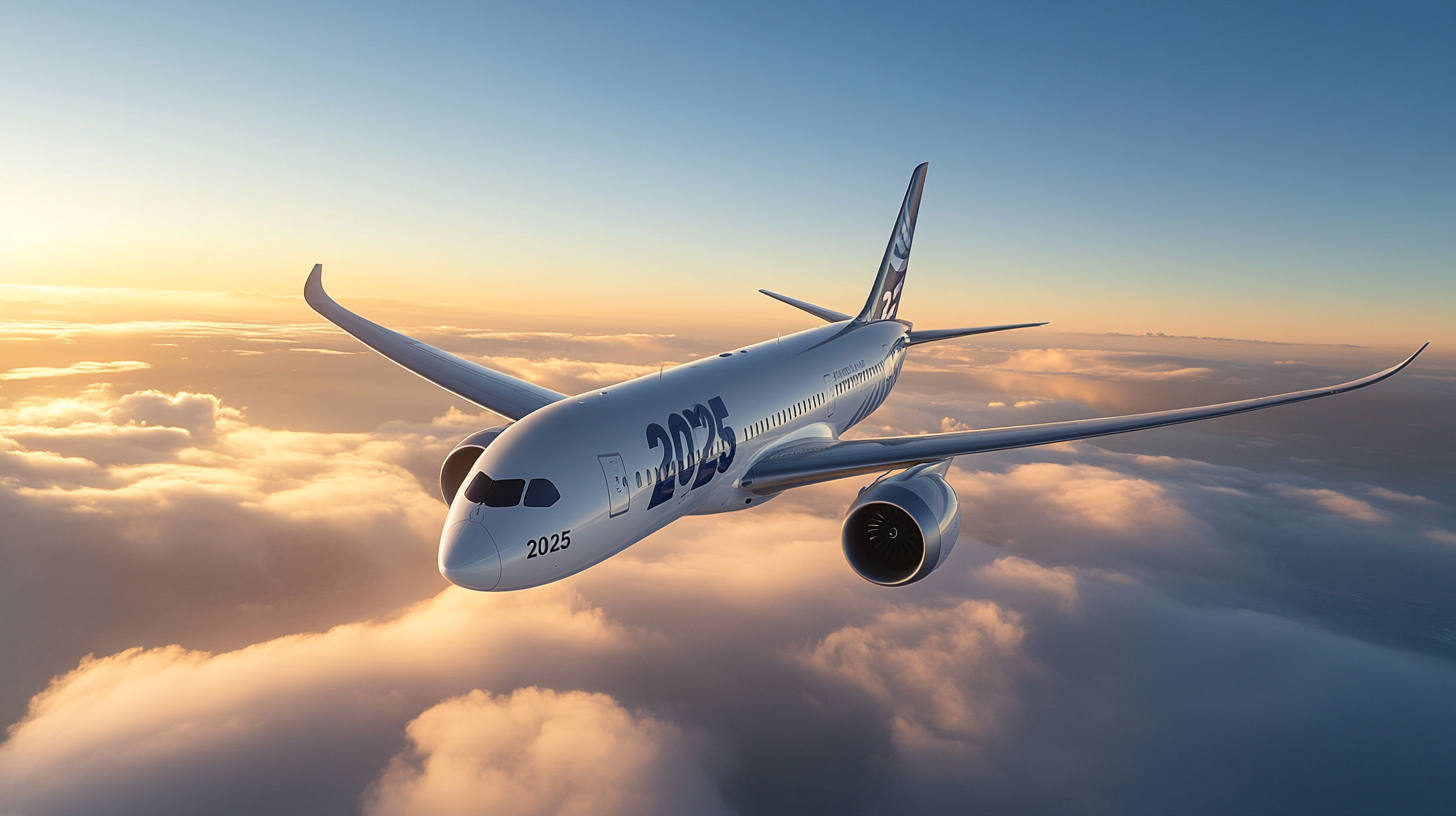 The image shows a modern passenger airplane flying above the clouds during sunset. The aircraft has "2025" written on its fuselage, and the sky is a gradient of warm colors, transitioning from orange to blue. The airplane's wings are sleek and curved, and the engines are visible.