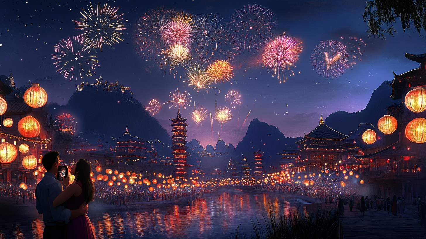 A couple stands by a river, surrounded by glowing lanterns, watching a vibrant fireworks display in the night sky. The scene is set in a traditional Asian town with pagodas and mountains in the background, creating a festive and romantic atmosphere.