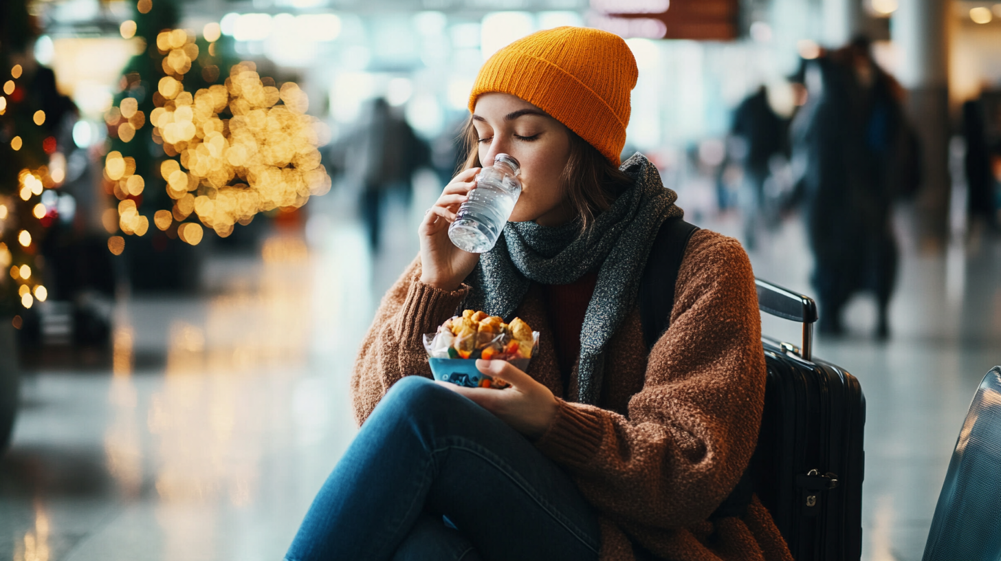 A person wearing a yellow beanie, brown sweater, and gray scarf is sitting in an airport terminal. They are drinking from a water bottle and holding a bowl of snacks. A suitcase is beside them, and there are blurred lights and people in the background.