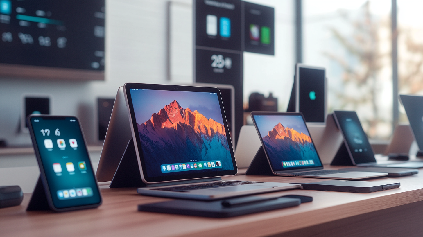 A modern tech store display featuring various electronic devices on a wooden table. There are several tablets and smartphones, each with different screens showing colorful interfaces. In the background, there are more devices and a large screen with blurred content. The setting is well-lit, suggesting a contemporary and sleek environment.