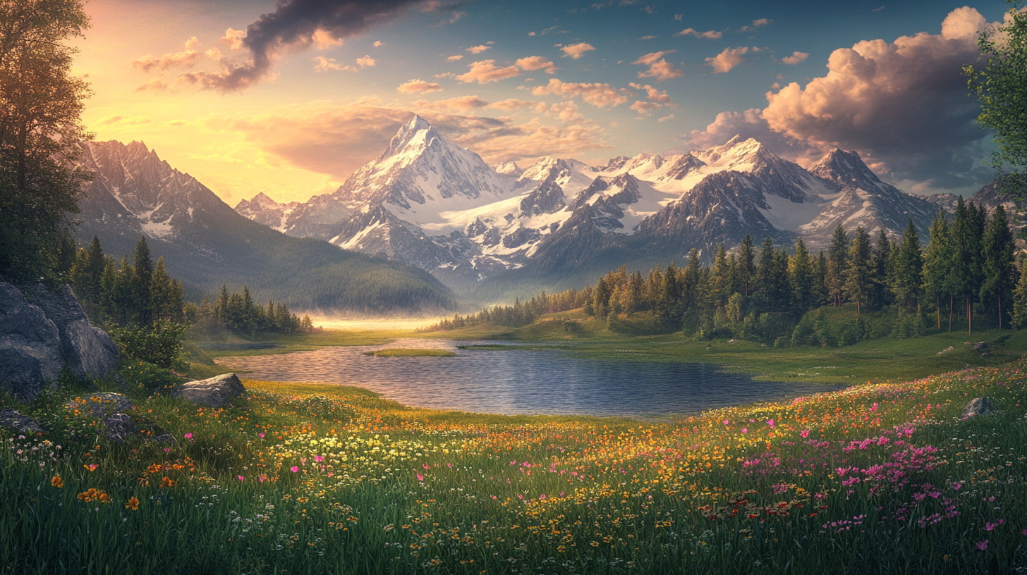 A picturesque landscape featuring a serene lake surrounded by a lush meadow filled with colorful wildflowers. In the background, there are majestic snow-capped mountains under a sky with scattered clouds, illuminated by the warm glow of a setting or rising sun. Tall evergreen trees line the edges of the meadow, adding to the tranquil and natural beauty of the scene.