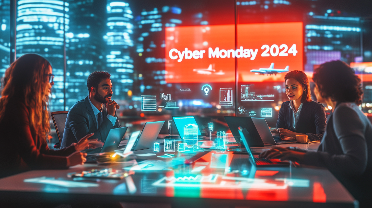 A group of people is sitting around a table in a modern office setting, working on laptops. The room is dimly lit with a large window showing a cityscape at night. A bright red digital display on the window reads "Cyber Monday 2024." Holographic data charts and graphs are projected above the table, indicating a focus on technology and data analysis.