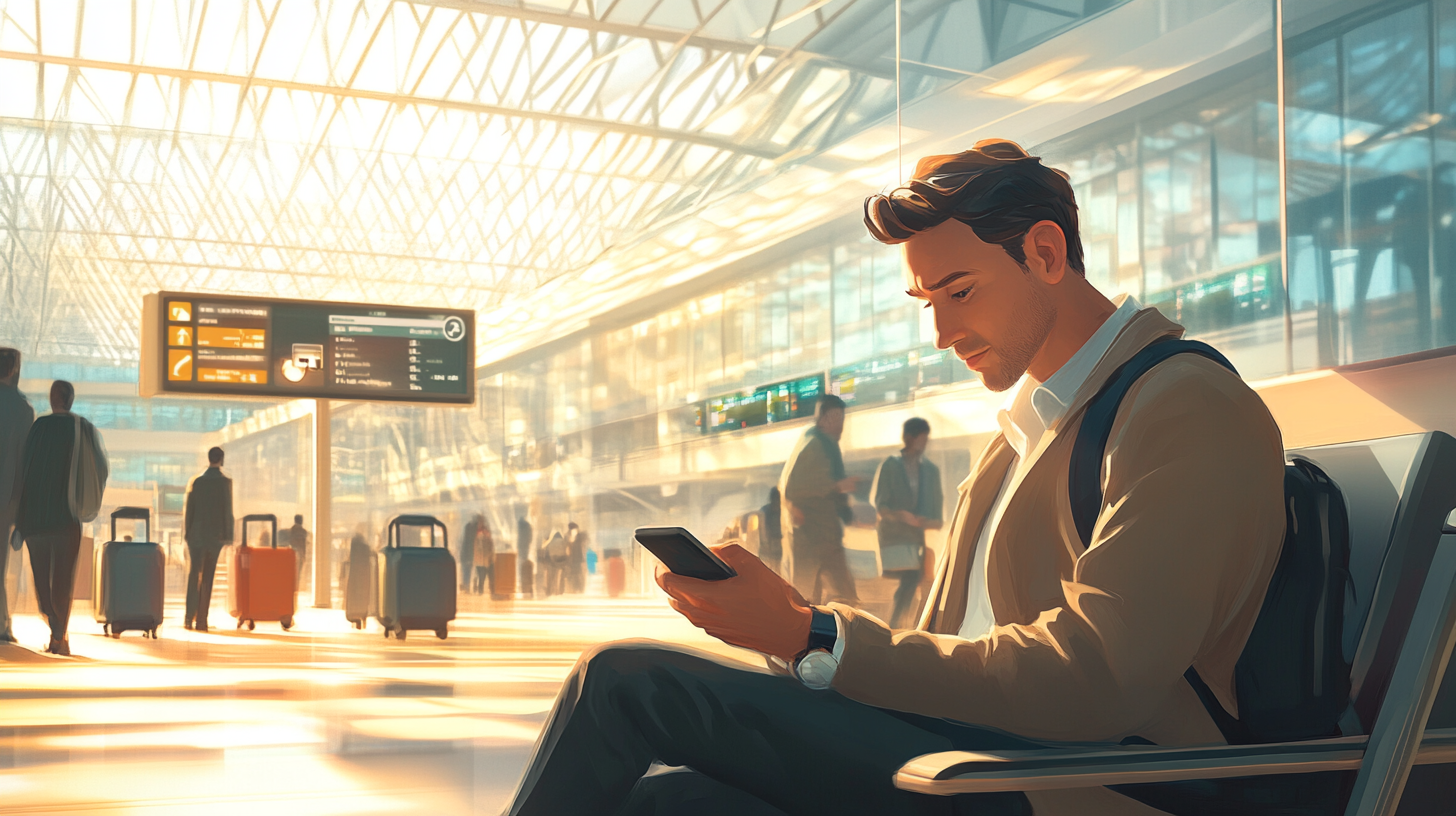 A man is sitting in an airport terminal, looking at his smartphone. He is wearing a light-colored jacket and has a backpack. The terminal is bright with sunlight streaming through large windows. In the background, people are walking with suitcases, and there are information boards displaying flight details.