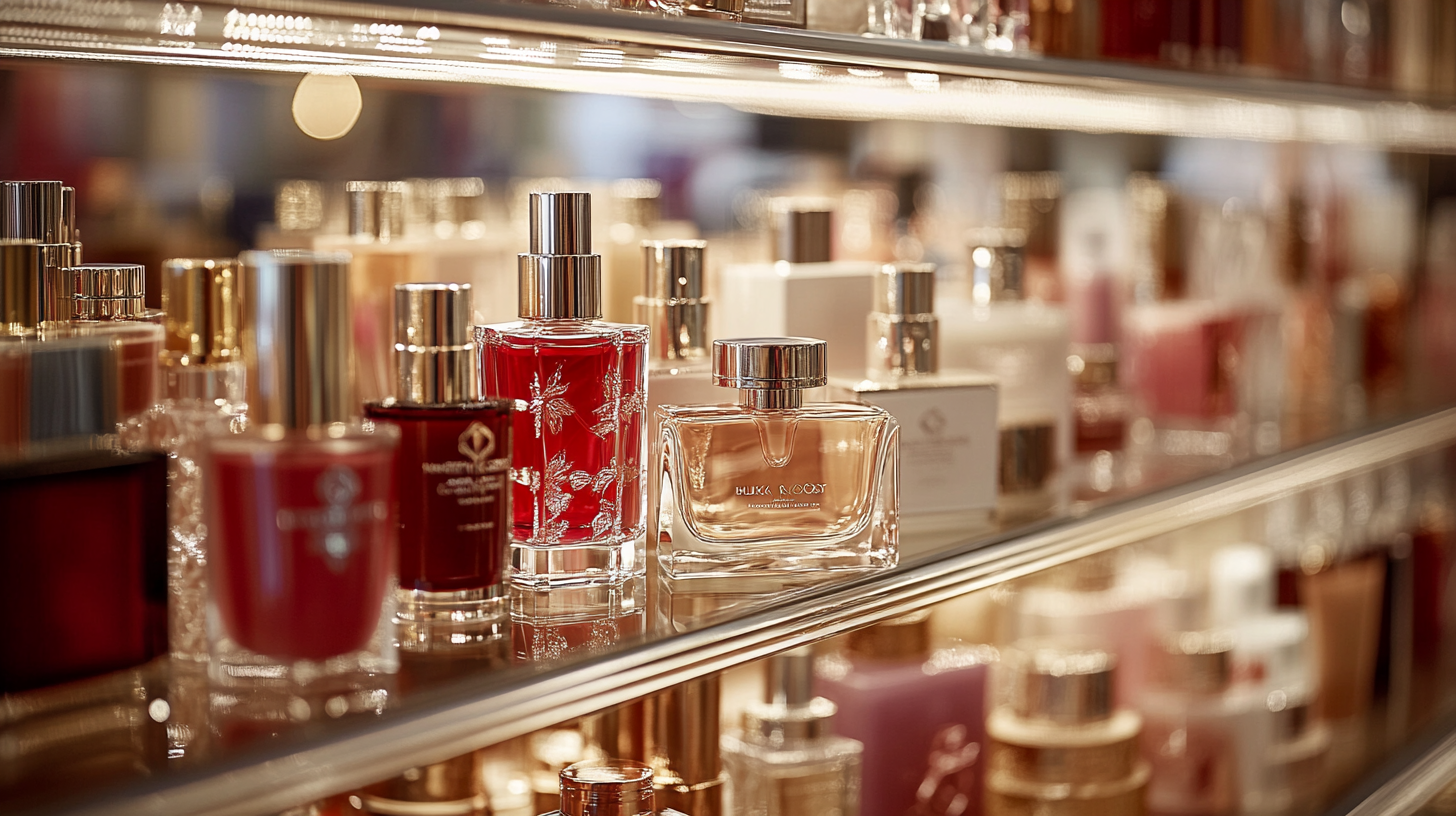 The image shows a display shelf filled with various perfume bottles. The bottles are of different shapes and sizes, with some having red or clear glass and metallic caps. The shelf is well-lit, highlighting the elegant design of the bottles.