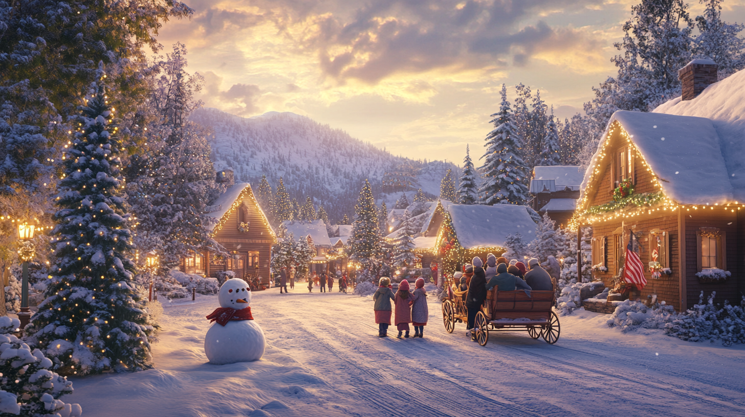 A picturesque winter village scene at sunset, featuring snow-covered houses adorned with Christmas lights and decorations. A group of people is enjoying a horse-drawn sleigh ride down a snowy street. Children are playing nearby, and a snowman with a red scarf stands in the foreground. The village is surrounded by snow-laden trees and mountains in the background, creating a festive and cozy atmosphere.