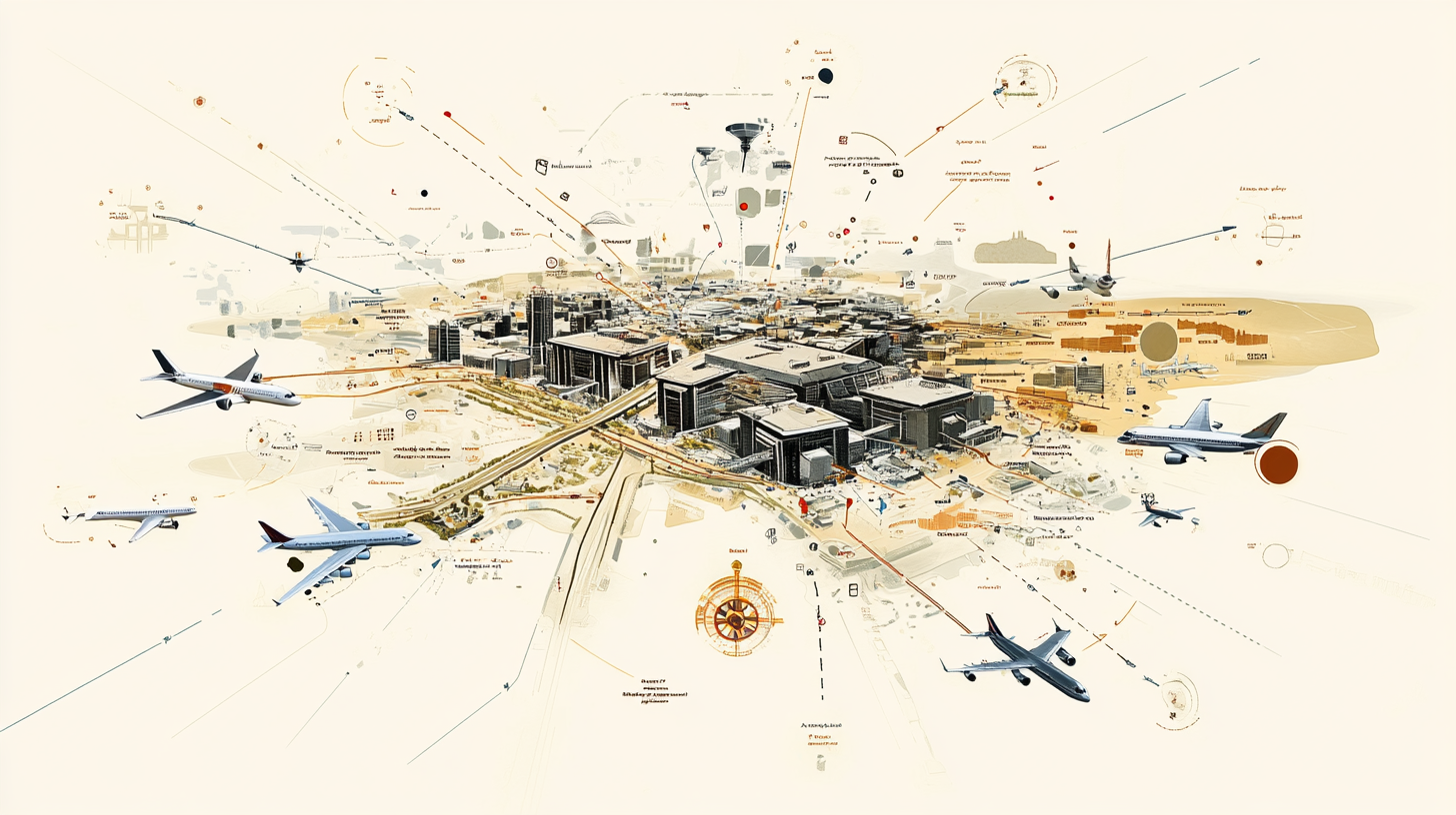 The image is an artistic illustration of an airport with multiple airplanes in flight around it. The airport is depicted with detailed buildings and runways, surrounded by various diagrams and annotations. The airplanes are shown at different angles and sizes, suggesting movement and activity. The overall color scheme is a mix of beige, black, and orange tones, giving it a schematic and dynamic appearance.