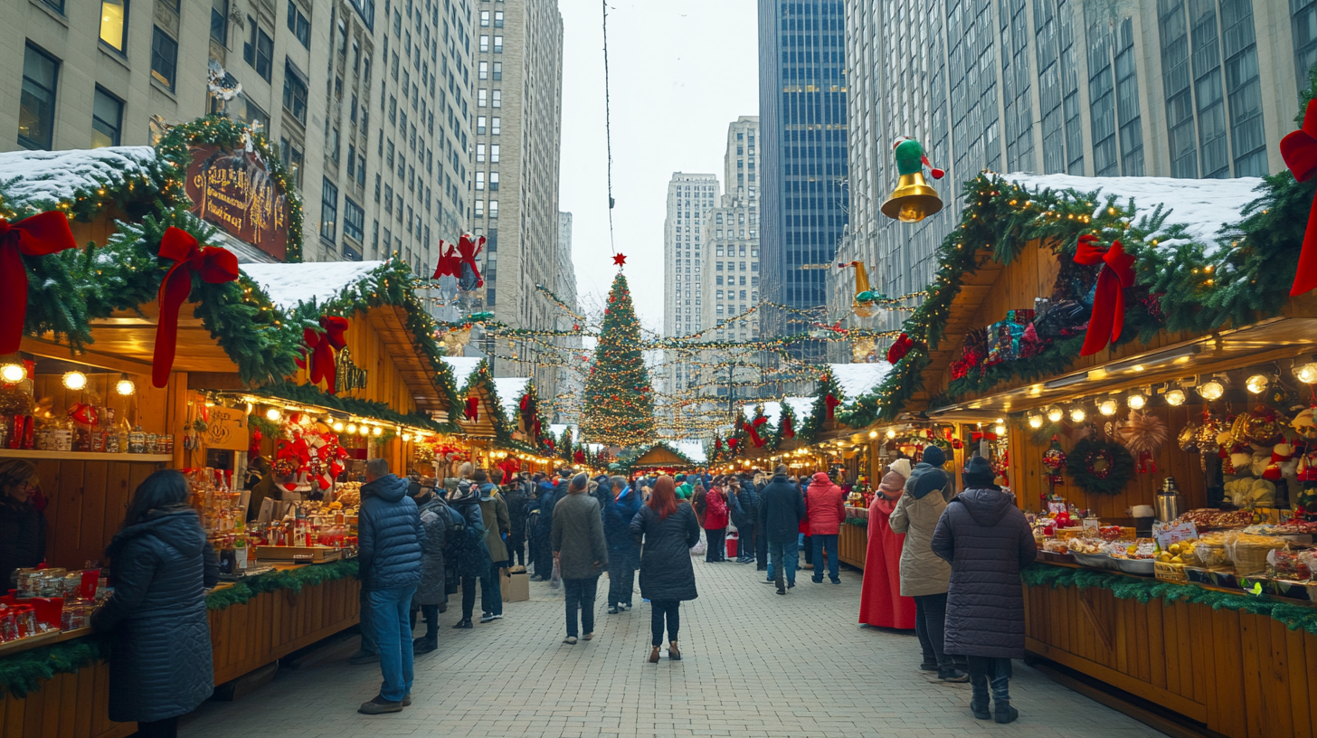 A festive Christmas market scene in a city, with wooden stalls decorated with garlands, red bows, and lights. People in winter clothing are browsing the stalls, which display various holiday items and treats. A large Christmas tree adorned with lights and ornaments stands in the background, surrounded by tall buildings.