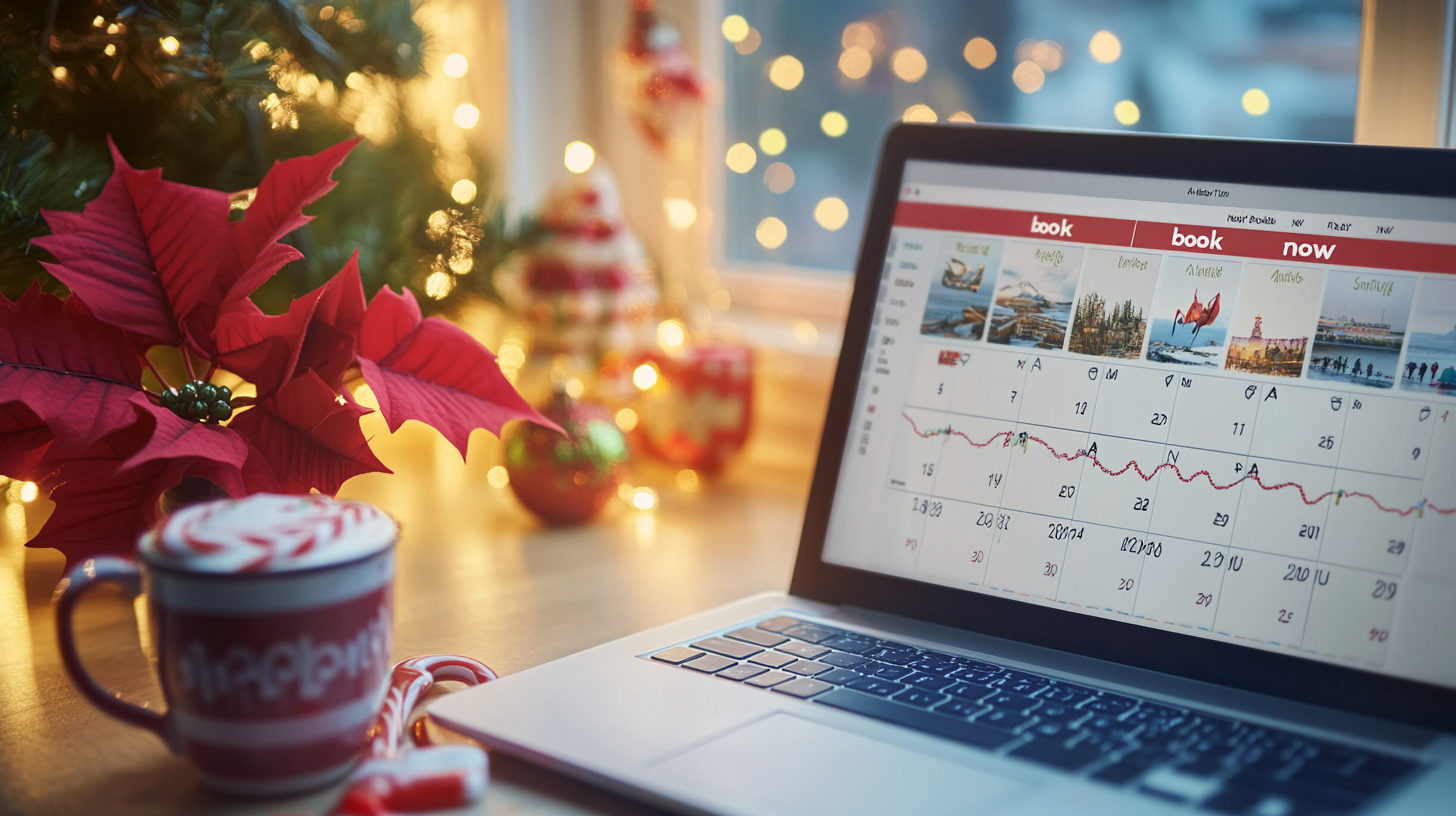 The image shows a cozy holiday scene with a laptop displaying a calendar and travel booking website. The laptop is on a table next to a festive mug filled with a drink topped with whipped cream and candy canes. In the background, there are Christmas decorations, including a poinsettia plant and a Christmas tree with lights. The atmosphere is warm and inviting, suggesting a holiday planning or booking theme.