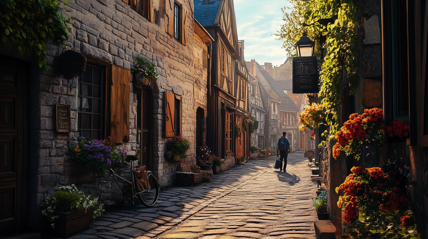 A picturesque cobblestone street in a quaint village, lined with charming stone and timber-framed buildings. The buildings have wooden shutters and are adorned with vibrant flowers in window boxes. A bicycle is parked against one of the walls. A person with a backpack is walking down the street, pulling a suitcase. The scene is bathed in warm, golden sunlight, creating a peaceful and inviting atmosphere.