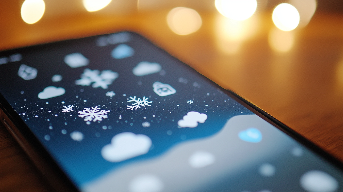 A smartphone screen displaying a winter-themed wallpaper with snowflakes and cloud icons. The background is blurred with warm, glowing lights.