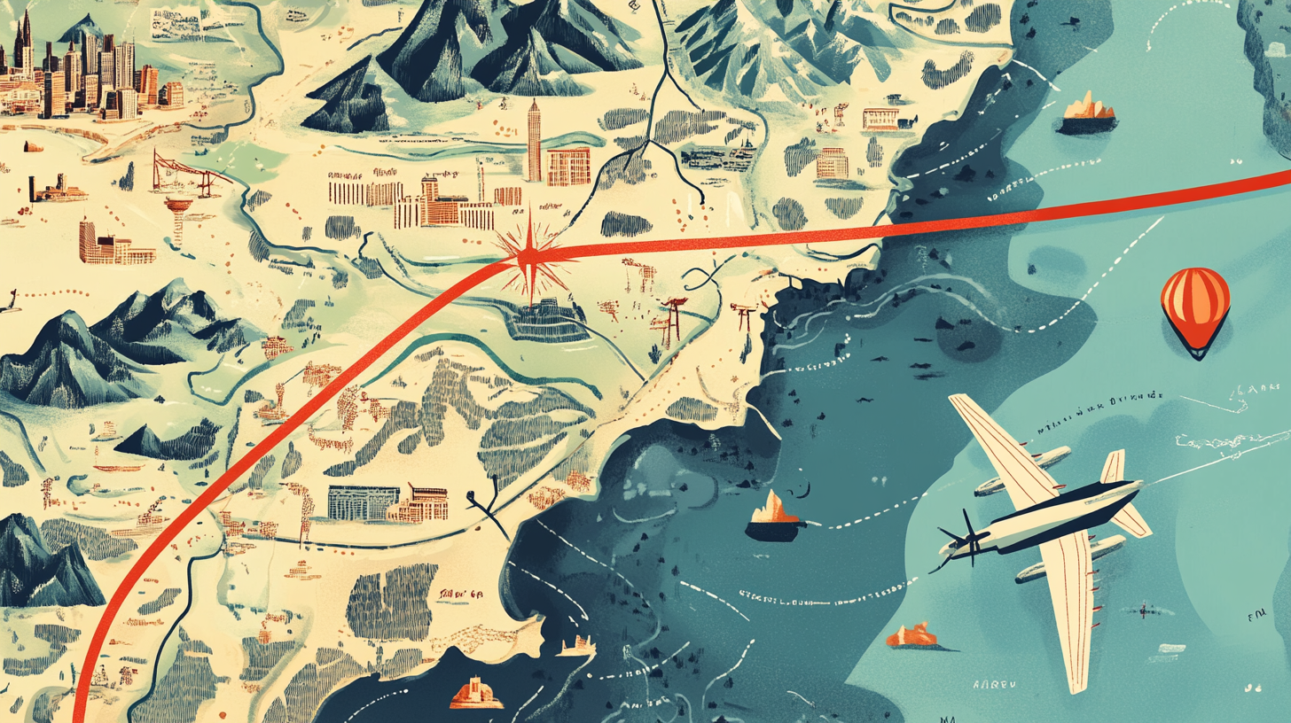 The image is an illustrated map featuring a stylized landscape with mountains, cities, and bodies of water. A red line crosses the map diagonally, intersecting with various landmarks. There is a large airplane flying over the ocean, and a hot air balloon is floating nearby. Ships are visible in the water, and the map includes various buildings and infrastructure, such as bridges and towers. The overall style is artistic and vintage.