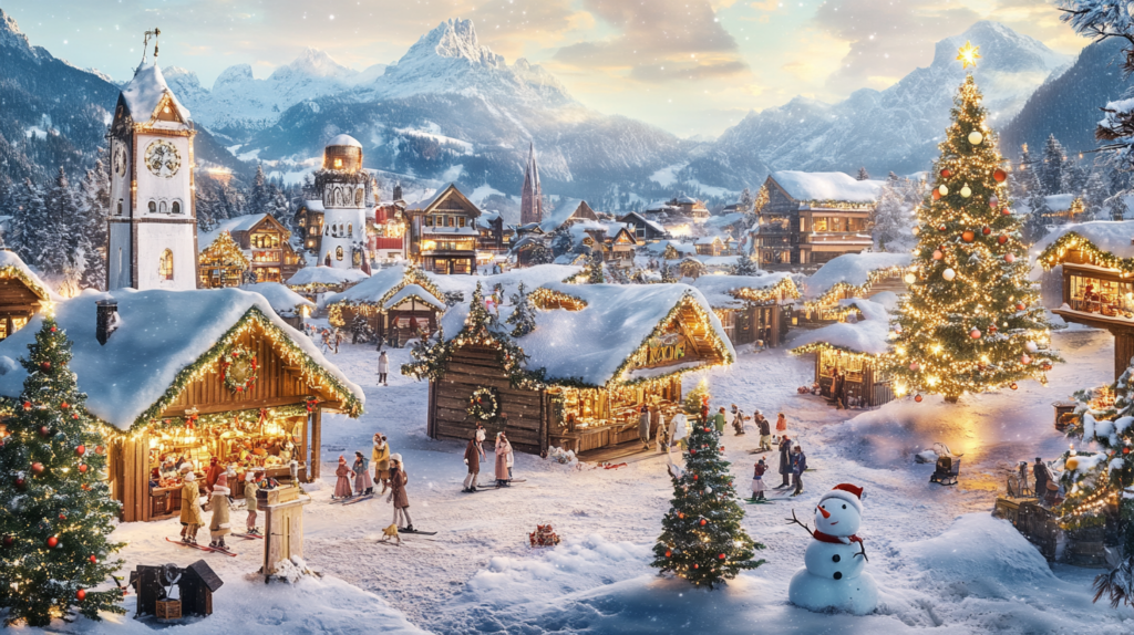 A picturesque winter village scene is depicted, featuring snow-covered rooftops and a large, decorated Christmas tree adorned with lights and ornaments. People are enjoying the festive atmosphere, some skiing and others gathered around market stalls. A snowman with a red scarf and hat stands in the foreground. The background showcases majestic snow-capped mountains under a soft, glowing sky.