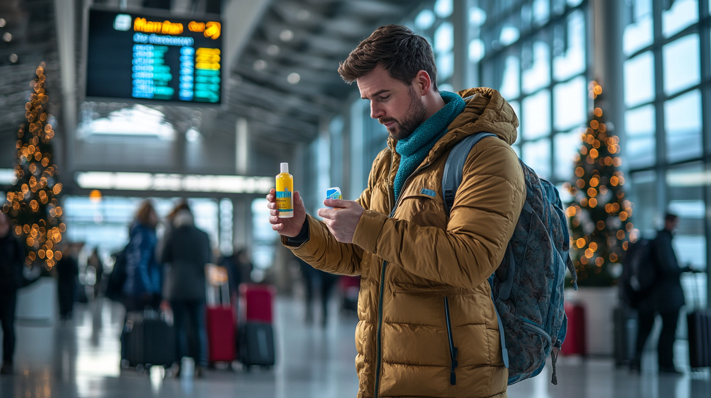 A man in a brown winter jacket and blue scarf is standing in an airport terminal, holding a bottle and a small container, examining them closely. He has a backpack on his shoulder. The background shows a blurred view of people with luggage and a digital departure board. There are Christmas trees with lights, indicating a festive season.