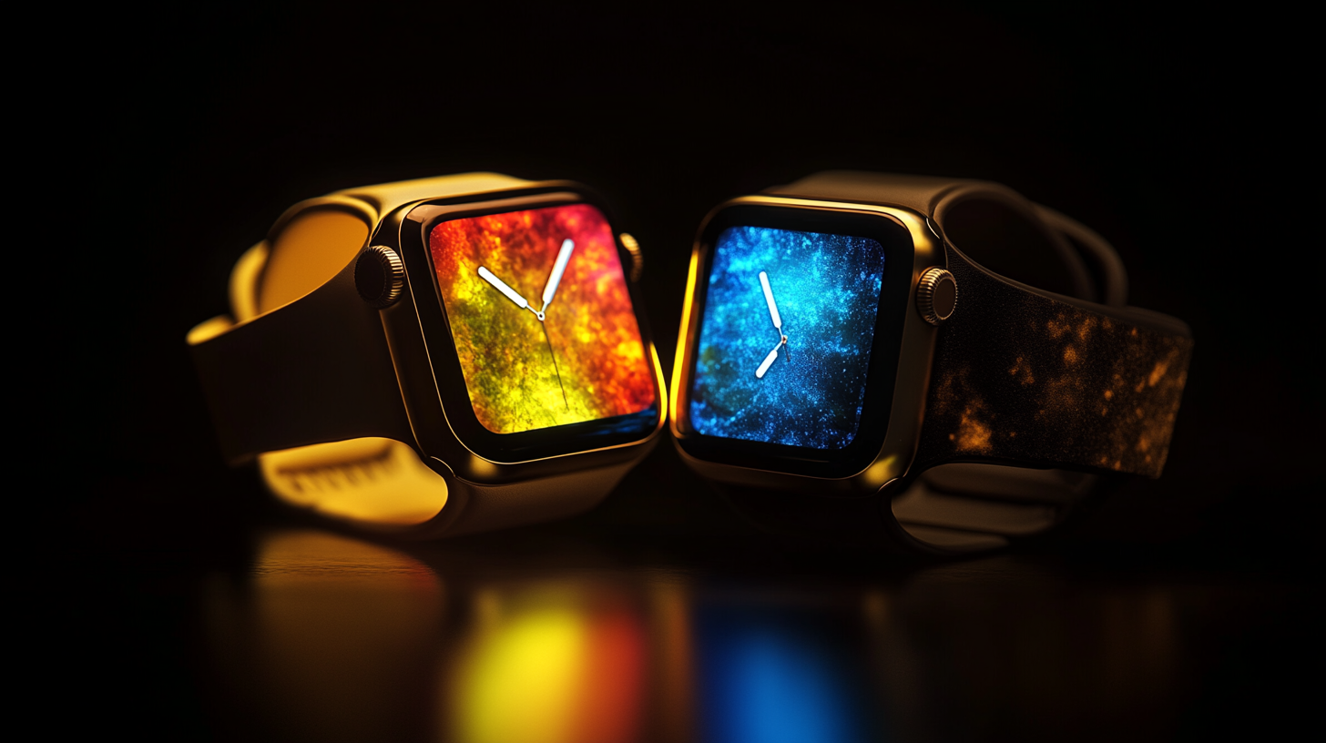 The image shows two smartwatches with square faces, placed side by side. The watch on the left has a vibrant red and yellow galaxy-themed background, while the watch on the right features a blue galaxy-themed background. Both watches have black bands and are set against a dark background, with reflections of their colorful displays visible on the surface below.