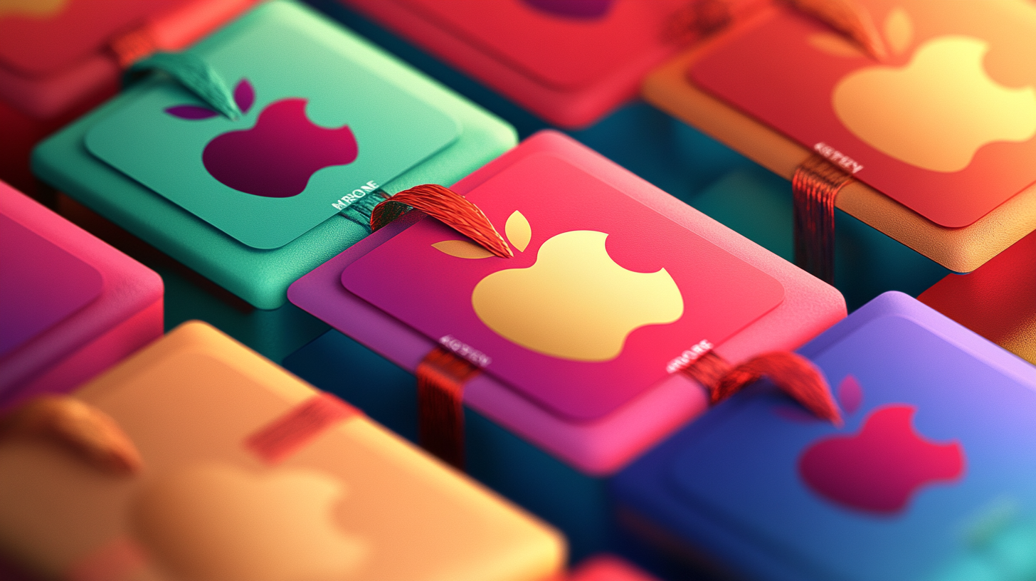 The image shows a close-up of colorful, square-shaped objects with a stylized apple logo on each. The objects are arranged in a grid pattern, with vibrant colors like red, purple, orange, and teal. Each object has a ribbon attached, and the apple logos are in contrasting colors, creating a visually striking pattern.