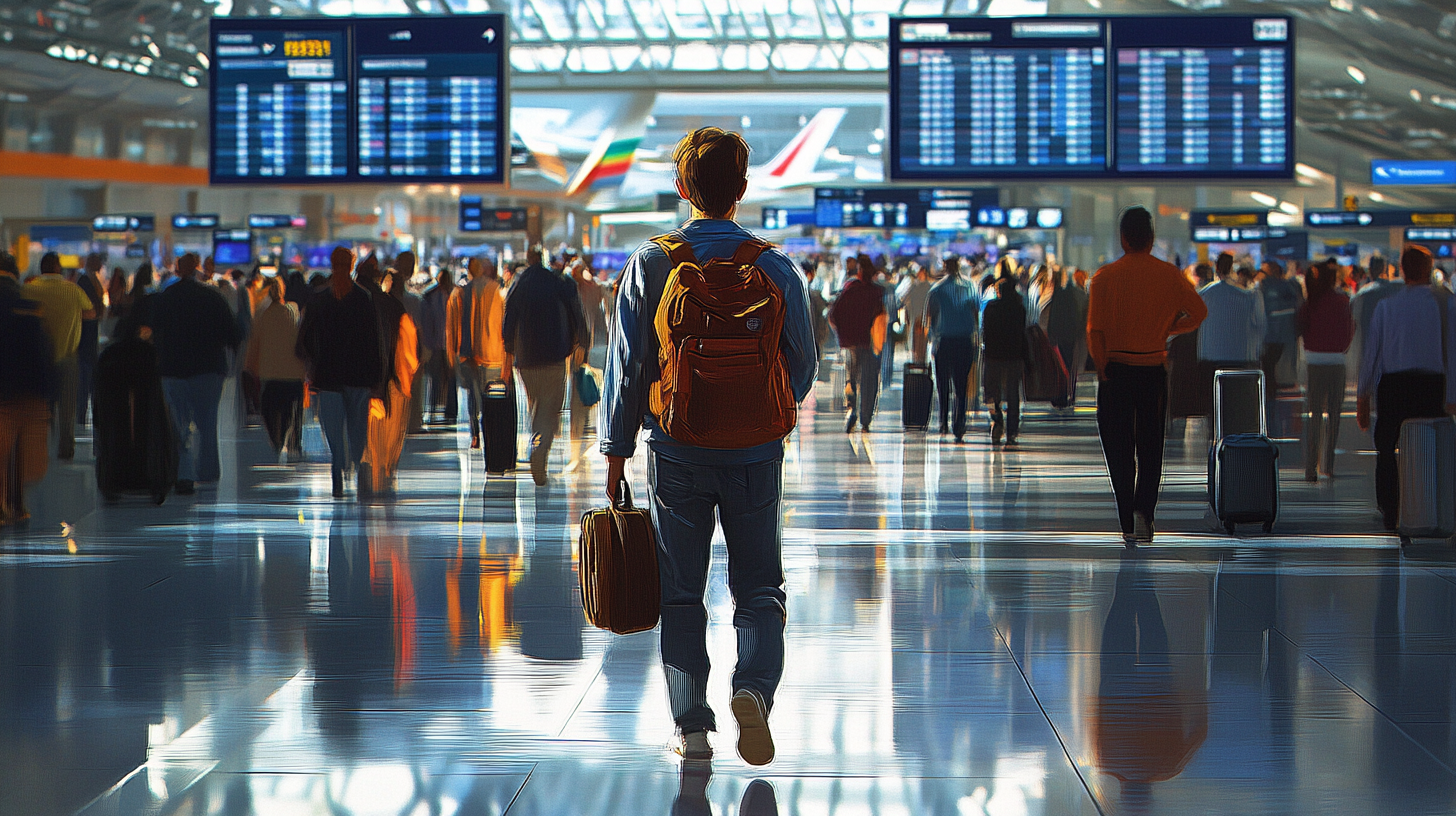 A person with a backpack and a suitcase is walking through a busy airport terminal. The scene is bustling with travelers, and large flight information boards are visible in the background. The terminal is brightly lit with natural light streaming through the windows.