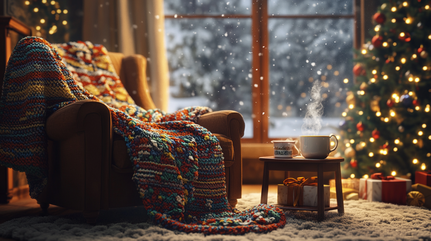 A cozy living room scene with a comfortable armchair draped with a colorful knitted blanket. In front of the chair is a small wooden table holding a steaming mug and a small gift box. A decorated Christmas tree with glowing lights is visible in the background, and snow is gently falling outside the window, creating a warm and festive atmosphere.