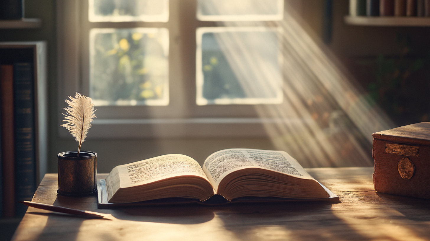 A sunlit room with an open book on a wooden table. Sunlight streams through a window, casting warm rays across the scene. A quill in an inkwell and a pencil are placed beside the book. A wooden box is partially visible on the right.