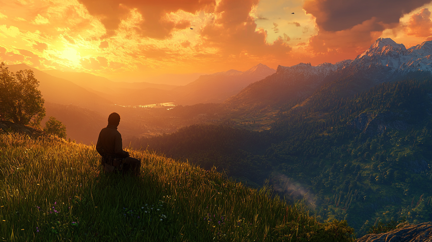 A person is sitting on a grassy hill, overlooking a vast landscape of mountains and valleys during a vibrant sunset. The sky is filled with orange and yellow hues, and the sun is partially hidden behind clouds. The scene is peaceful and picturesque, with lush greenery and distant peaks.