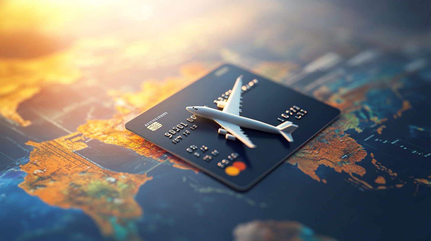 The image shows a credit card placed on a world map with a small model airplane on top of the card. The scene is brightly lit, suggesting themes of travel and finance.