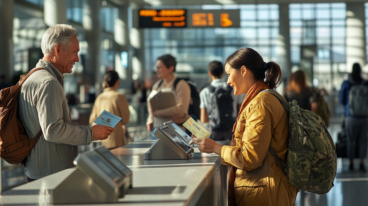 A man and a woman are standing at a counter in an airport, holding boarding passes. The man has gray hair and is wearing a light-colored shirt with a brown backpack. The woman has dark hair tied back and is wearing a yellow jacket with a camouflage backpack. They are smiling at each other. In the background, other travelers are visible, and an electronic flight information board is overhead.