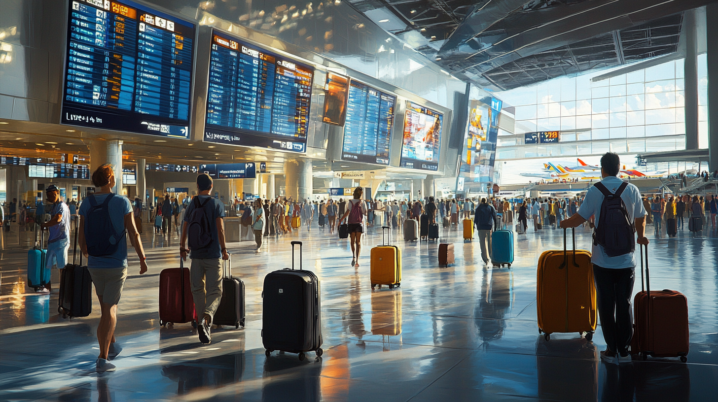 The image depicts a busy airport terminal with numerous travelers walking and pulling suitcases. Large digital flight information boards are prominently displayed overhead, showing various flight details. In the background, airplanes are visible through the large windows, and the terminal is filled with natural light. The scene conveys a sense of movement and travel.