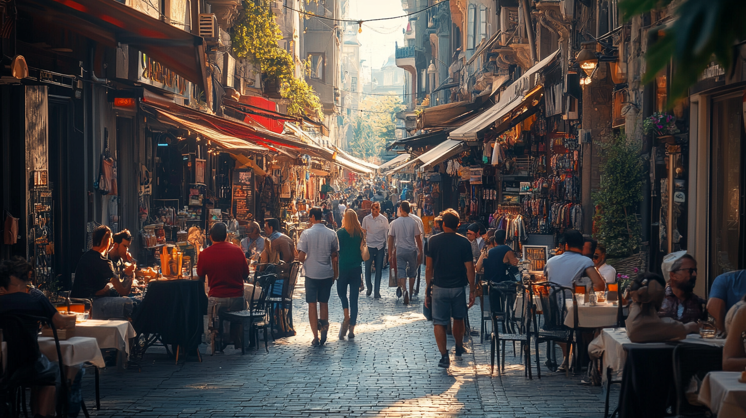 A bustling street scene in a vibrant market area, with people walking and sitting at outdoor cafes. The street is lined with shops displaying various goods, and colorful awnings provide shade. The atmosphere is lively and warm, with sunlight filtering through the buildings.