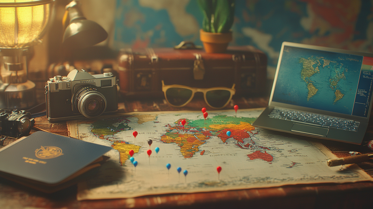 The image shows a travel-themed setup on a wooden table. There is a vintage camera, a map with colorful pins marking various locations, a passport, and a pair of sunglasses. A laptop displaying a world map is open, and a small globe is partially visible. A leather suitcase and a lamp are in the background, creating a warm, nostalgic atmosphere.