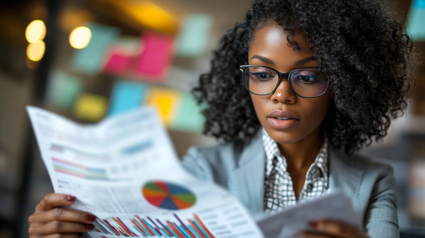 A woman with curly hair and glasses is intently examining printed charts and graphs. She is wearing a striped blazer and a checkered shirt. In the background, there are colorful sticky notes on a board, slightly out of focus.