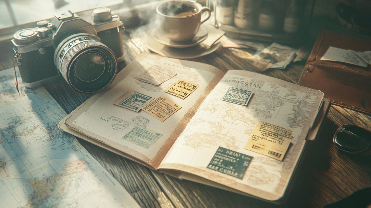 A vintage camera sits on a wooden table next to an open travel journal with various stamps and a world map. A steaming cup of coffee is in the background, along with a pair of sunglasses and some scattered papers. The scene is warmly lit, suggesting a cozy, nostalgic atmosphere.