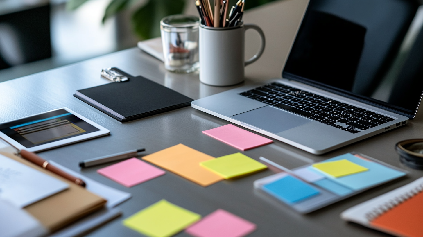 A tidy workspace featuring a laptop, a tablet, a notebook, and a mug filled with pens and pencils. Colorful sticky notes are scattered on the desk, along with a pen and a glass of water. The setting suggests an organized and creative work environment.