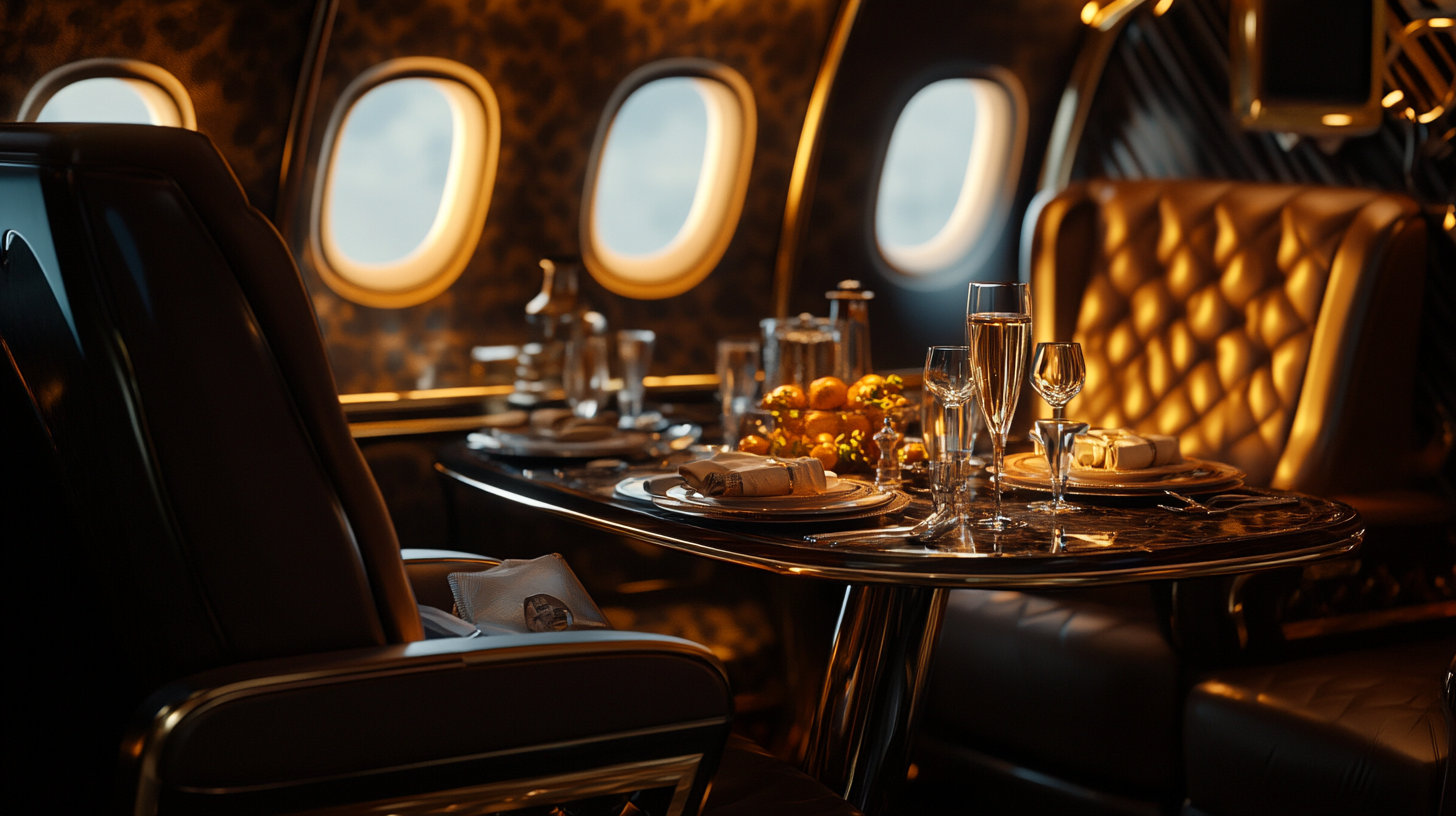 The image shows a luxurious dining setup inside a private jet. The table is elegantly set with fine china, glassware, and napkins. There are plush leather seats and the interior is warmly lit, with several windows visible in the background. A centerpiece of oranges adds a touch of color to the sophisticated setting.